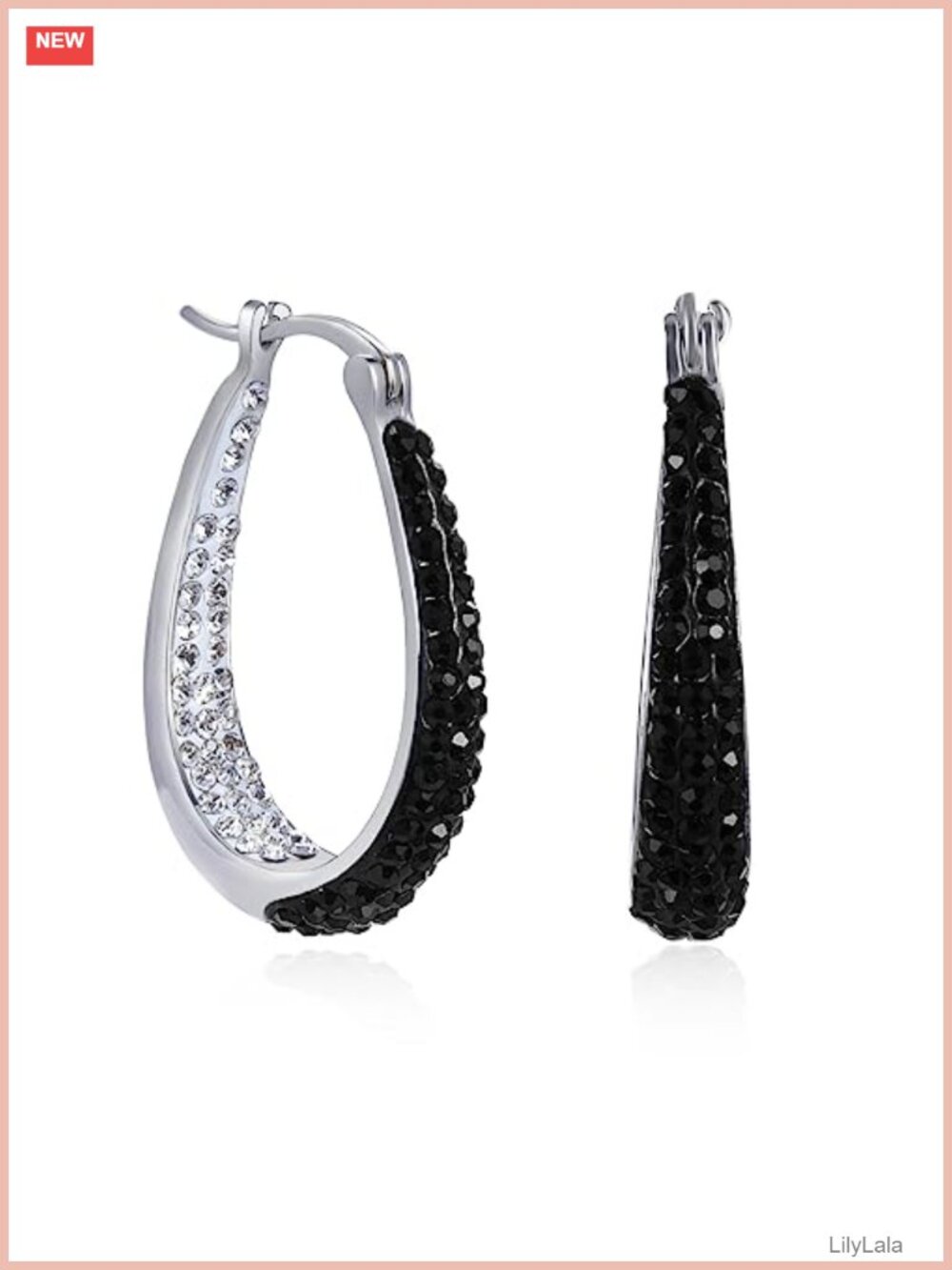 Rhodium Plated Oval Inside Out Crystal Hoop Earrings Hinged Back Fashion Jewelry